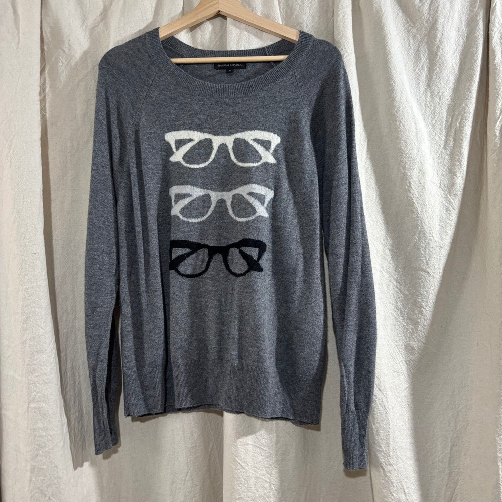 Banana Republic Womens Gray Merino Wool Mohair Glasses Graphic Sweater Medium